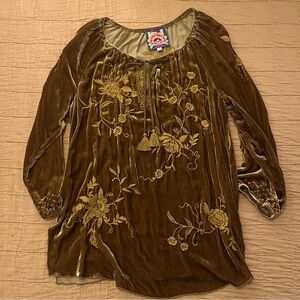 Johnny Was Golden Brown Velvet Peasant Top